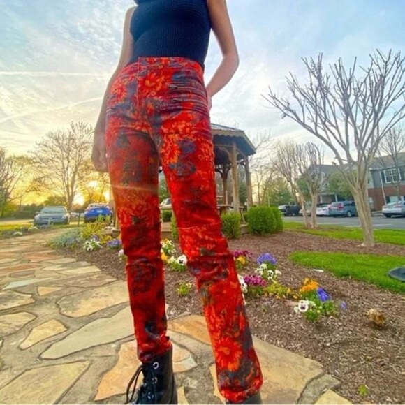 Free People Lennon Floral Funkytown Orange Red Velvet Skinny Pants - Picture 7 of 16